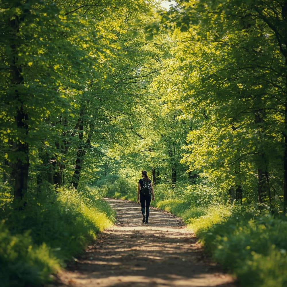 Frau geht auf einem grünen Waldweg
