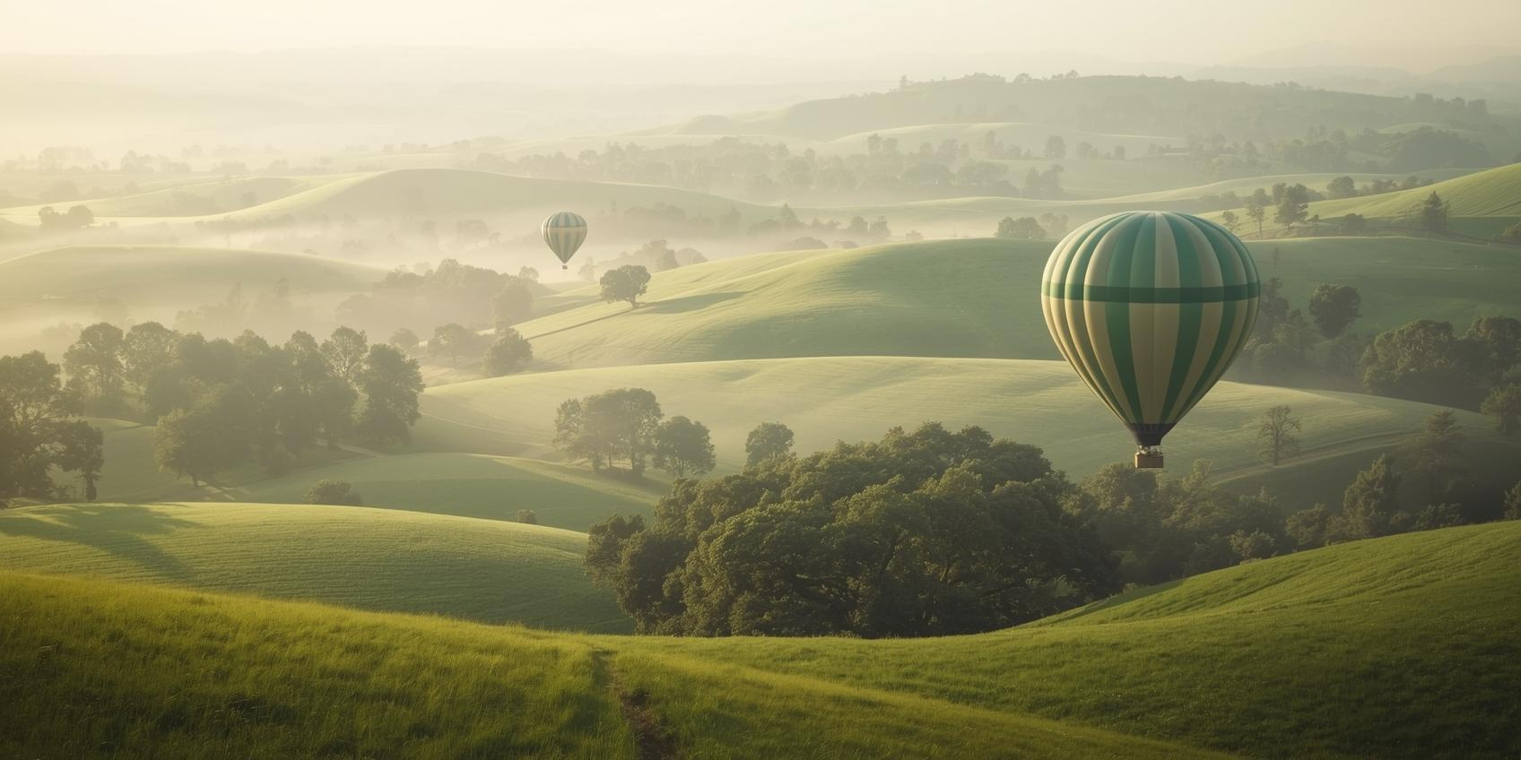 Hügellandschaft mit Heißluftballons im Morgenlicht
