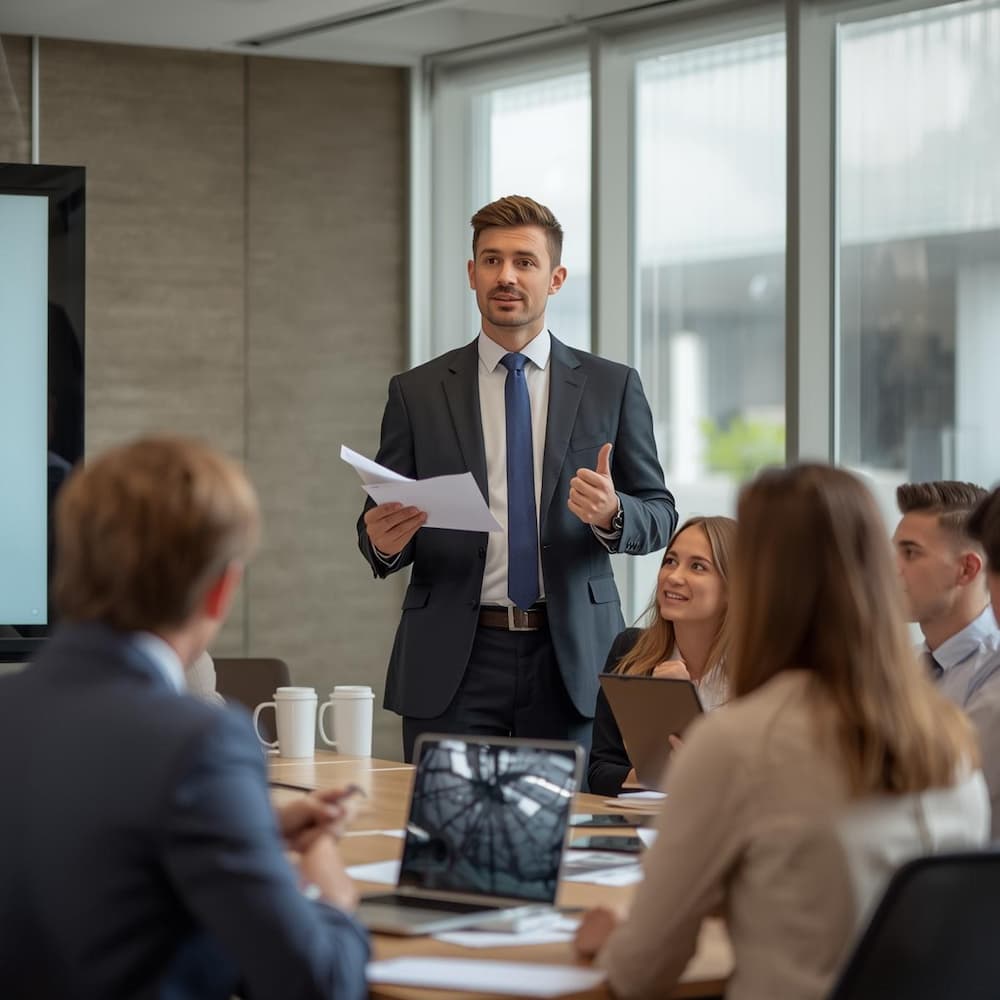 Führungskraft spricht vor ihrem Team in einer Besprechung
