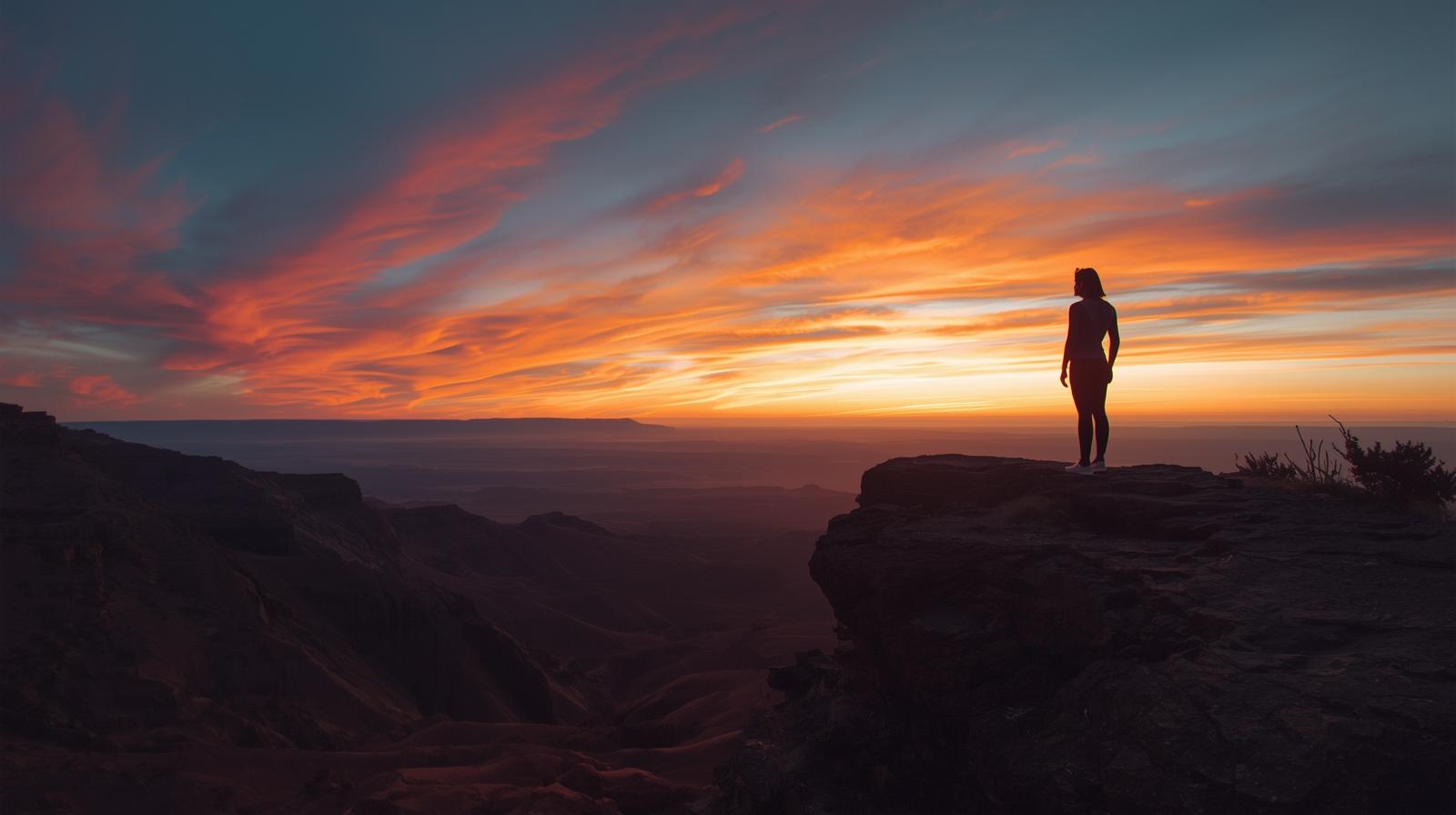 Frau steht an einer Klippe und schaut in den Sonnenuntergang